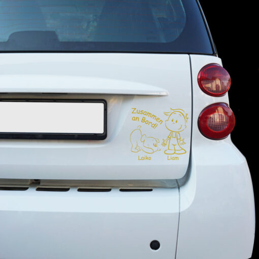 Auto Aufkleber Junge mit Hund - Zusammen an Bord -