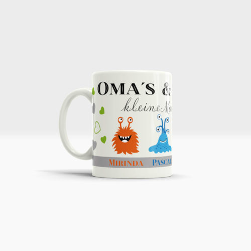 Kaffee Tasse Enkelkinder mit kleinen Monstern und Wunschnamen. Ansicht links, weißer Henkel