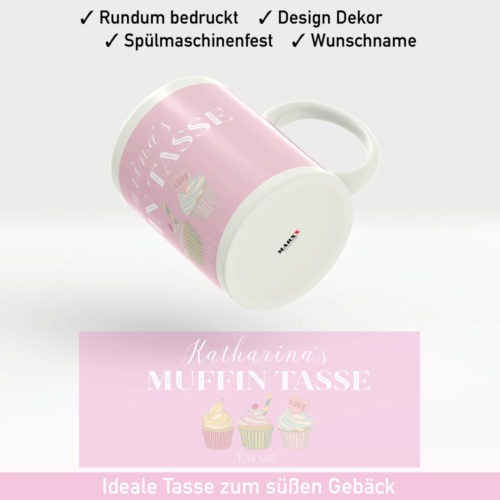 Muffin Tasse im zarten rosa, mit leckeren Muffin Dekor und Wunschnamen
