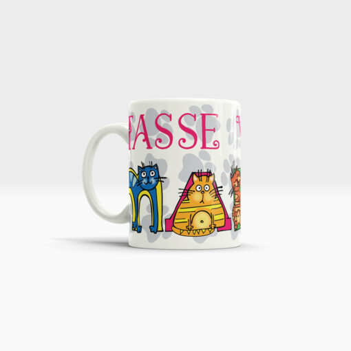 Katzen ABC Tasse mit Ihrem Namen im lustigen Katzen Alphabet. Ansicht links