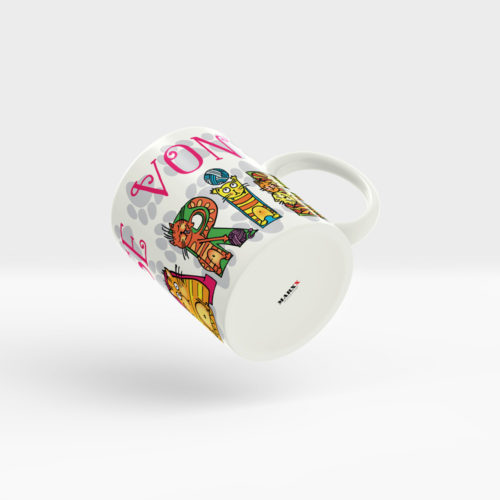 Katzen ABC Tasse mit Ihrem Namen im lustigen Katzen Alphabet. Ansicht rechts