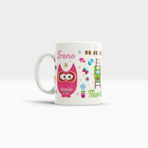 Kaffee Tasse Geburt für Ihr Familienglück mit niedlichen Eulen, Namen und Geburtsdatum. Ansicht links