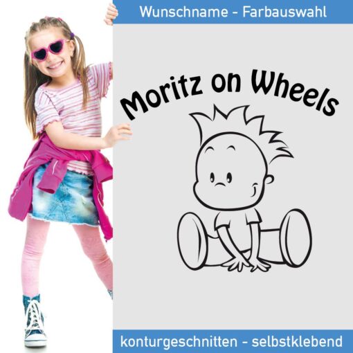Startbild Kinder Aufkleber Moritz on Wheels - Name frei wählbar -