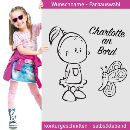 Babyaufkleber Mädchen Zöpfe Herz Sticker 25 Farben mit Wunschtext on Board 15cm