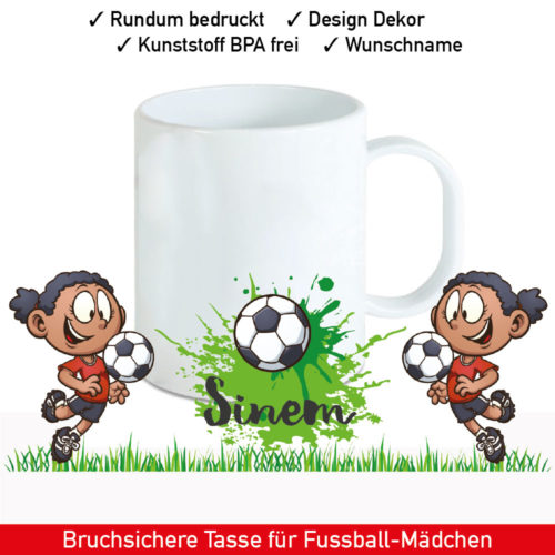 Startbild Kunststoff Mädchen Tasse mit Namen und Fußball Motiv