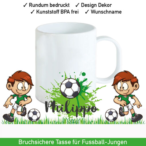 Bruchsichere Plastik Tasse Fußball Motiv mit Wunschname