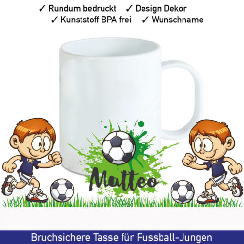 Startbild Kunststoff Tasse mit Namen und Fußball Motiv