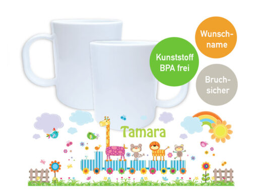 Kunststoff Kindergarten Tasse mit Eisenbahn und Zootieren Ansicht rechts