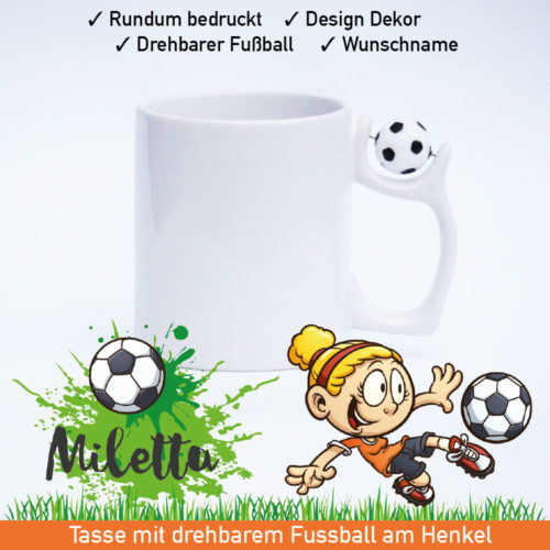 Startbild Tasse Mädchenfußball mit drehbarem Fußball am Henkel
