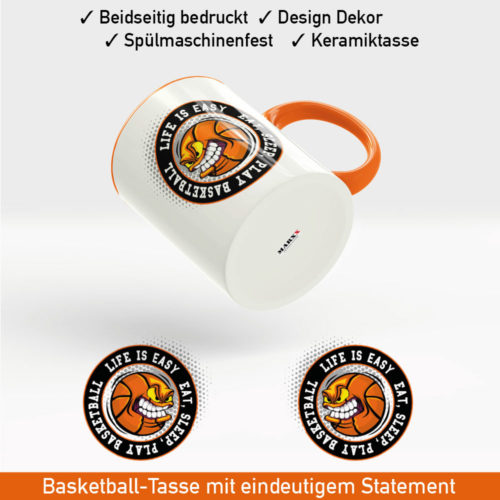 Startbild Tasse Basketball mit fies grinsendem Basketball Ansicht rechts