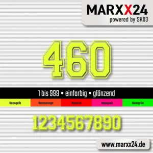 Startnummer Aufkleber Set in leuchtender Neonfarbe für Rennsport und Motorsport